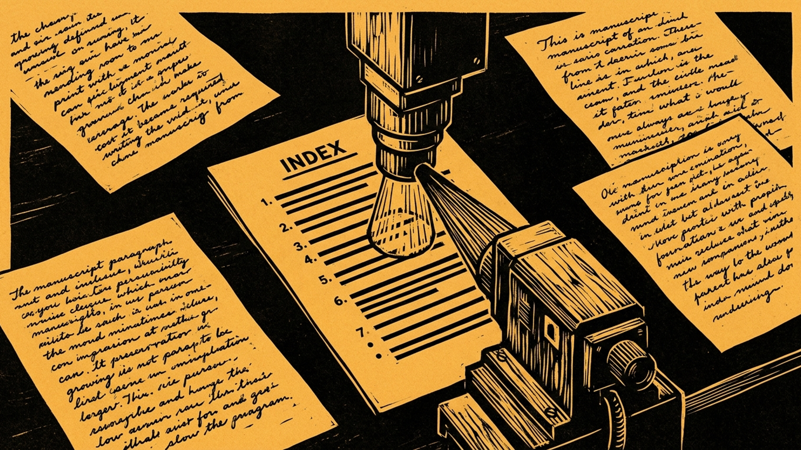 A scanner selects one dense, structured list and passes over scattered handwritten pages.