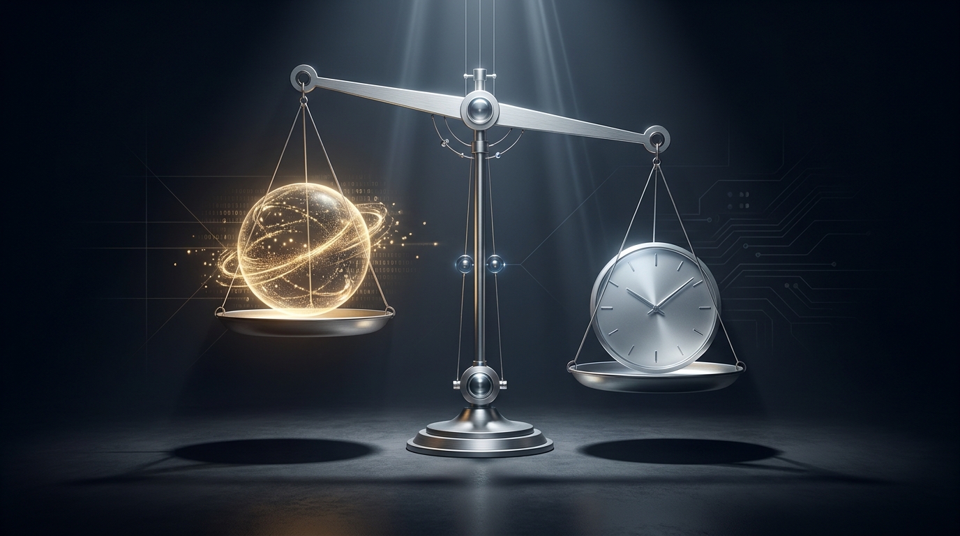 A balance scale with a glowing data orb and a clock face, symbolizing stability during the Google Ads learning phase.