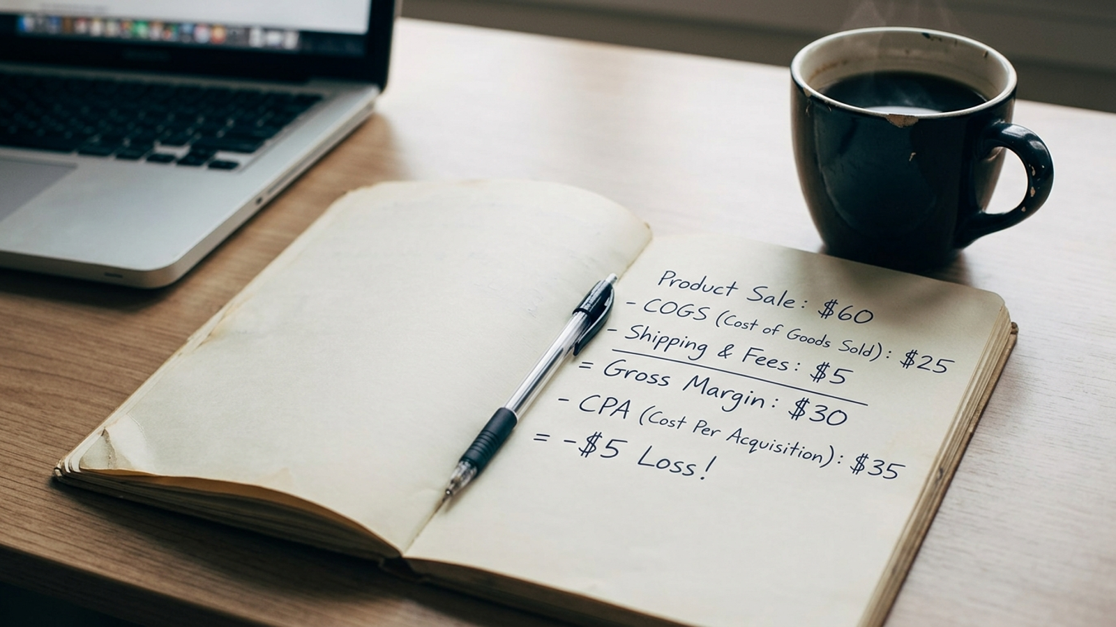 Overhead photo of a notebook with handwritten breakeven math for a $60 product beside a coffee cup