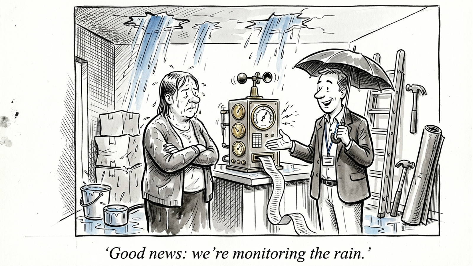 Cartoon of a drenched shop owner in a leaking store while a dry agency man proudly shows off a weather station: "Good news: we're monitoring the rain."